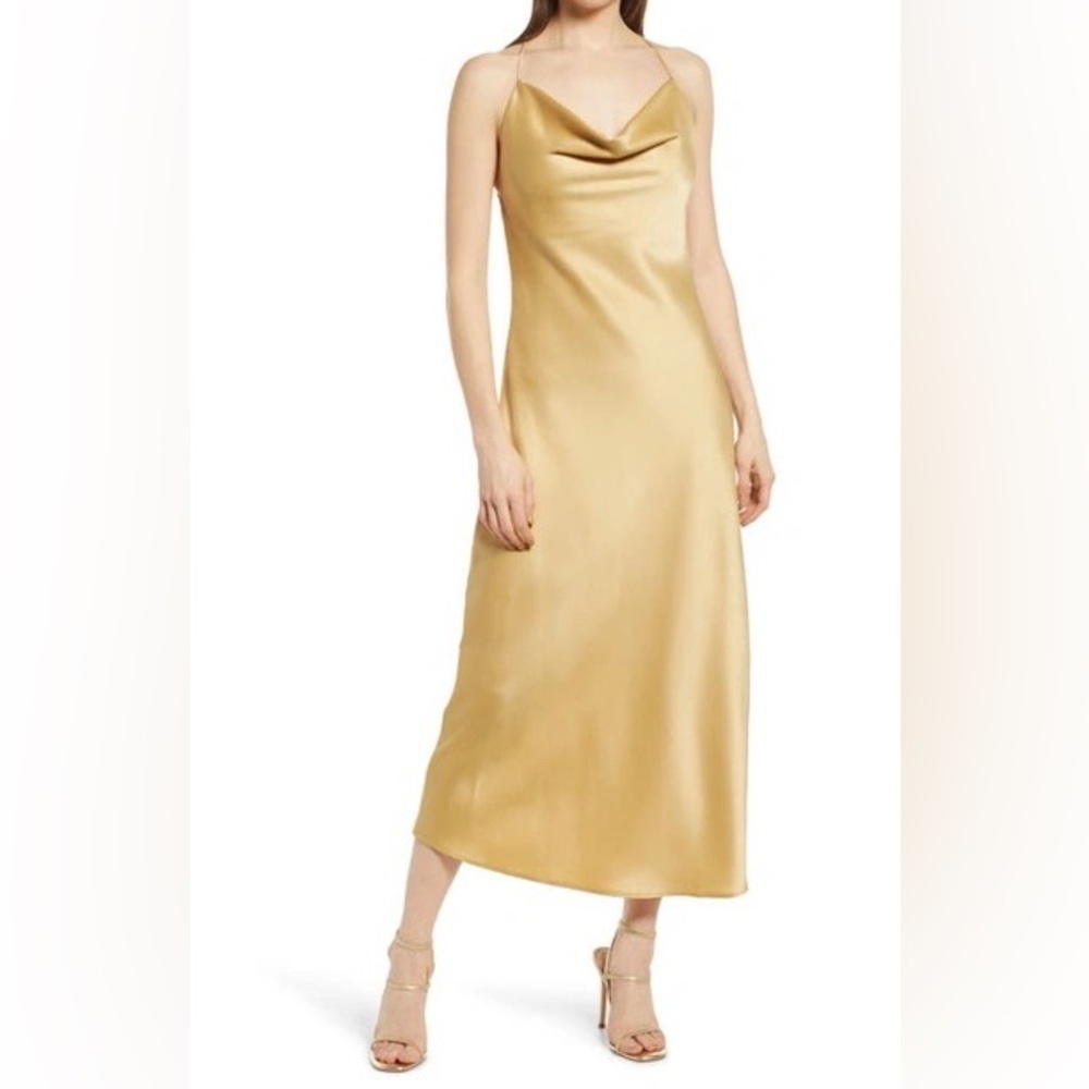 WAYF Nanette Gold Satin Cowl Neck Midi Slip Dress - Open Cross Back